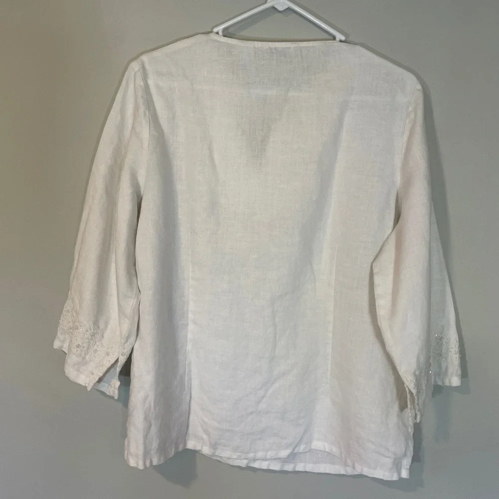 Laura Ashley Womens‎ White Linen Embroidered Sequin Tunic Top Size L Boho